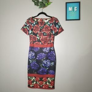 City Goddess Black Floral Bodycon Knee Dress New